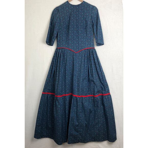 VTG 70s Handmade Maxi Tiered Prairie Dress 36" *See Measurements Blue Calico - Picture 1 of 13